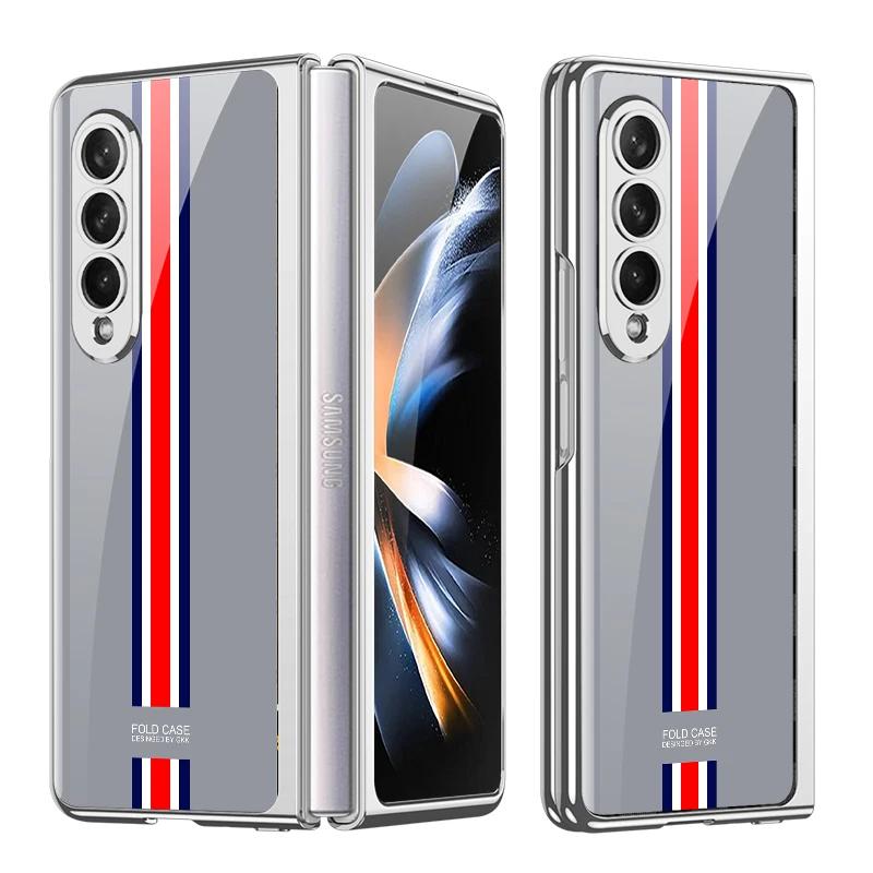 Luxury Plating Frame Case For Samsung Galaxy Z Fold 4 5G Painted Pattern Tempered Glass Hard Cover For Galaxy Z Fold5 4 3 Case