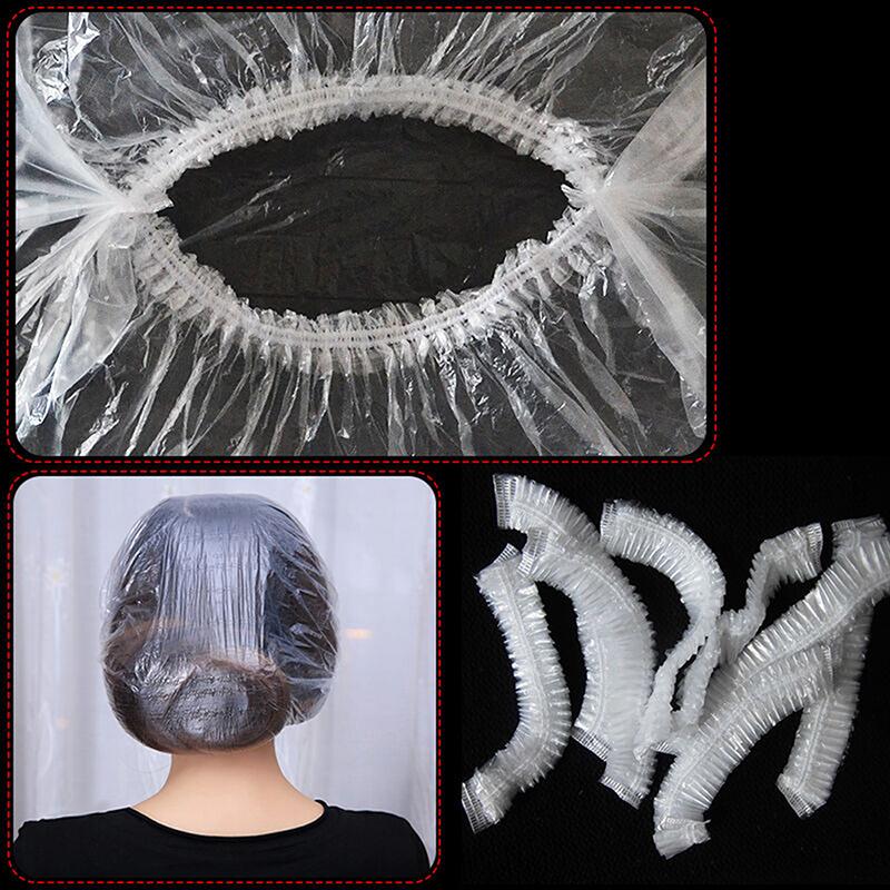 100pcs Plastic Waterproof Clear Hair Caps Shower Caps Multi-Purpose Thickening Elastic Bath Cap Home Hair Salon Portable Use