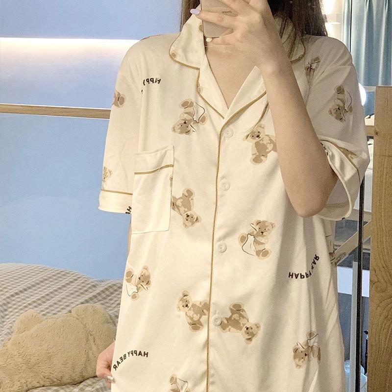 Pajamas Women'S Two-Piece Set Cute Cartoon Bear Cotton Short-Sleeved Trousers Fashionable Versatile Loungewear Can Be Worn Outside