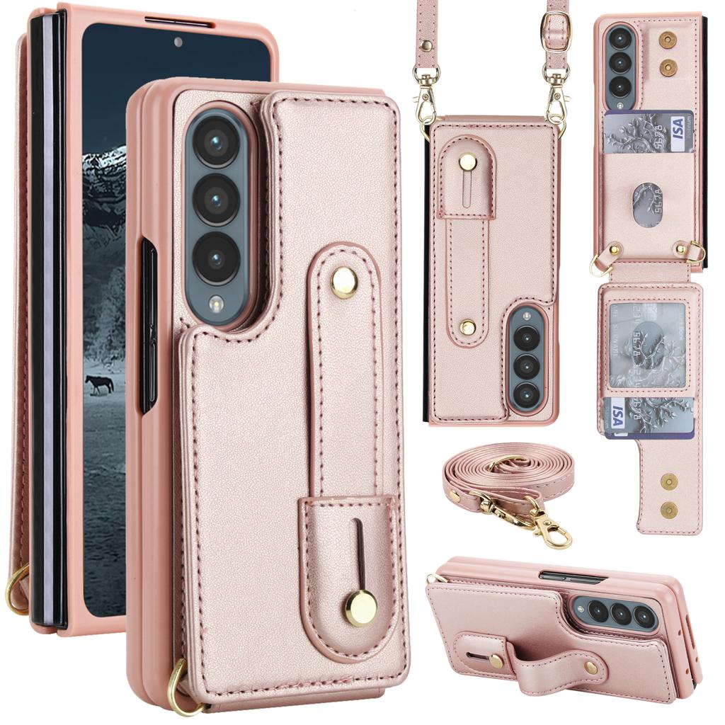 For Samsung Galaxy Z Fold4 5G Case Kickstand Card Slots Leather Coated TPU Cover with Shoulder Strap