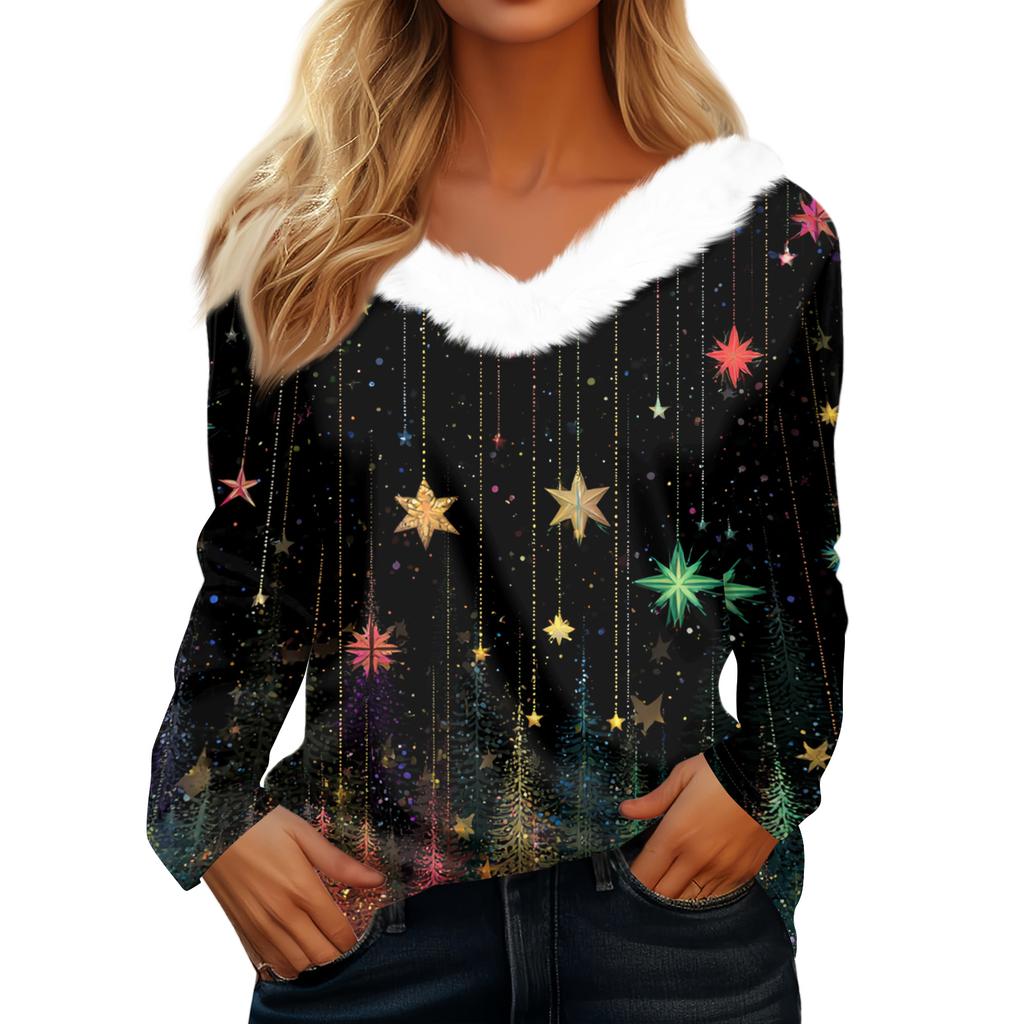 Women's Fashion Casual Long Sleeve Christmas Printed Plush Collar V-Neck Top