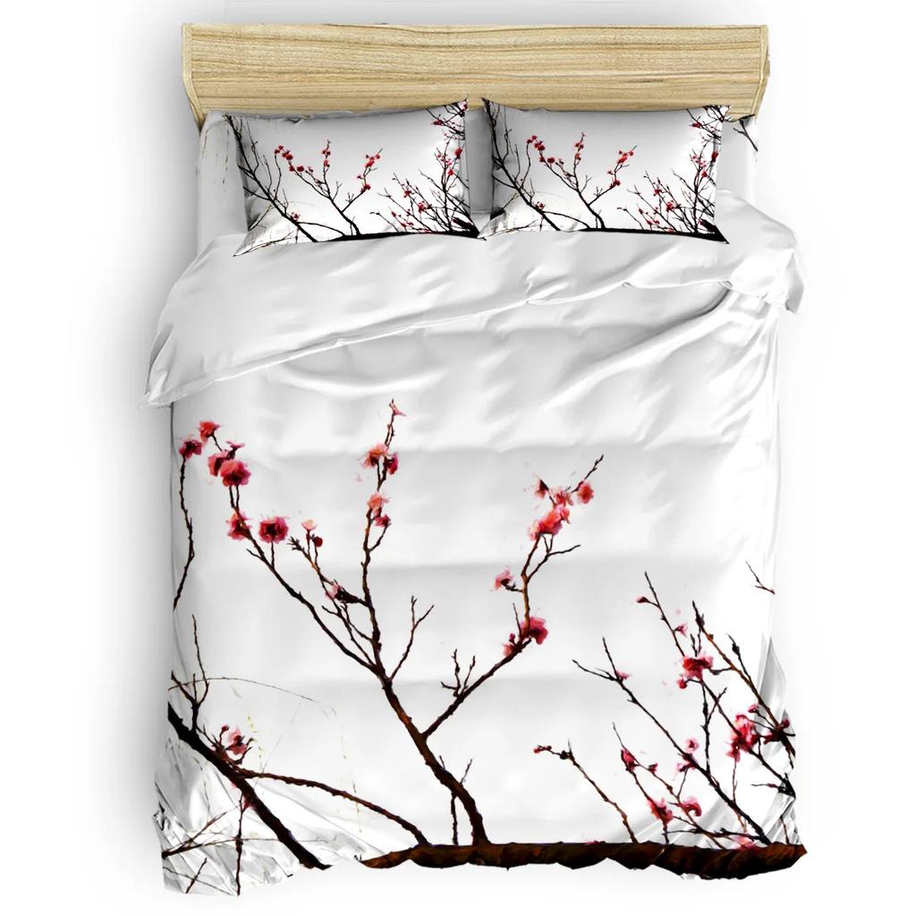 Set husă de plapumă roz pal, Ramură de Sakura cu flori de cireș Primăvară japoneză delicată, Set de lenjerie de pat decorativ din 3 piese, Mărime king