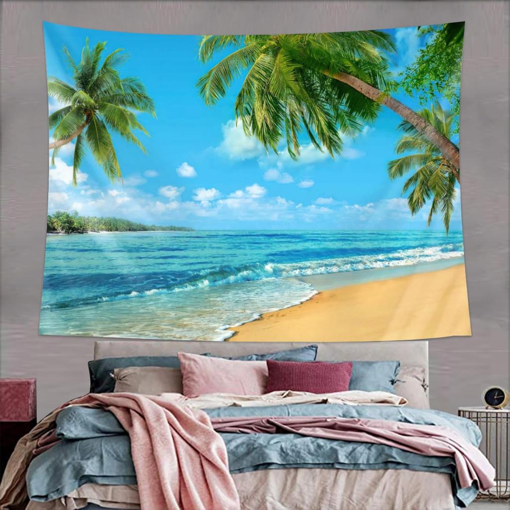 Ocean Beach Tapestry Wall Hanging Natural Landscape Tapestry Sky Seaside Tropical PalmTrees Island Tapestries Party Decor Banner