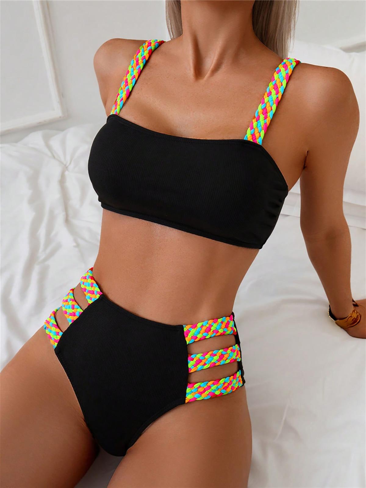 

S - XL Splicing Cut Out High Waist Bikini Female Swimsuit Women Swimwear Two-pieces Bikini set Bather Bathing Suit Swim S чорний