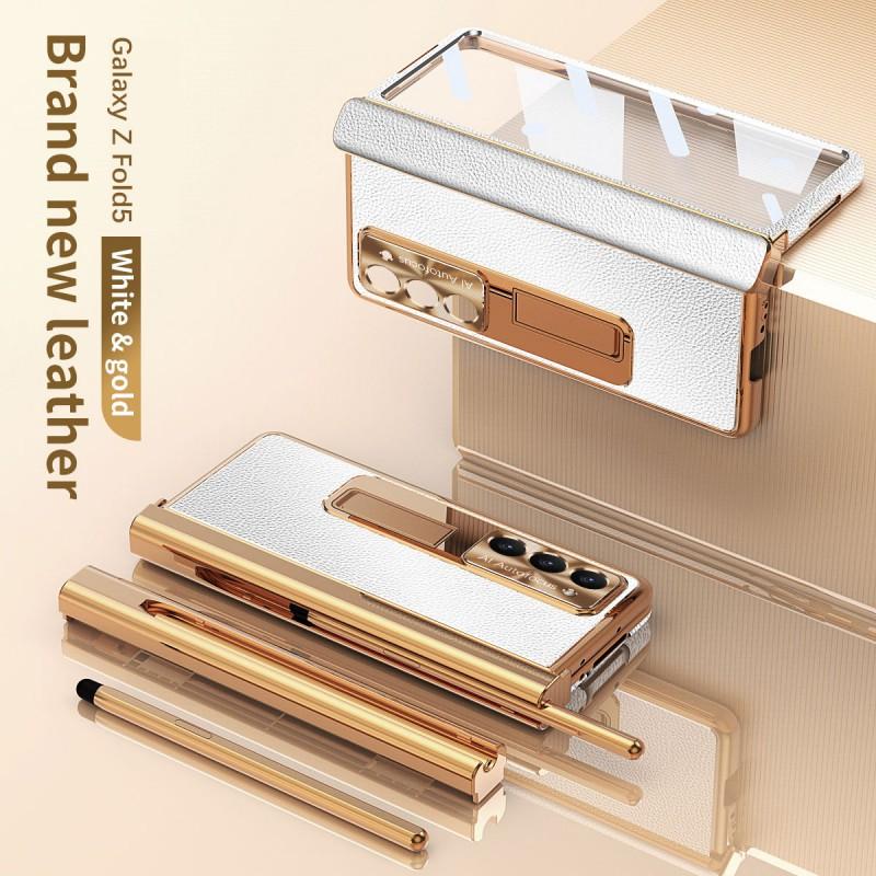 Magnetic Snap-on Case Galaxy Z Fold5 With Leather Texture Full Coverage Shockproof Kickstand Stylus Slot