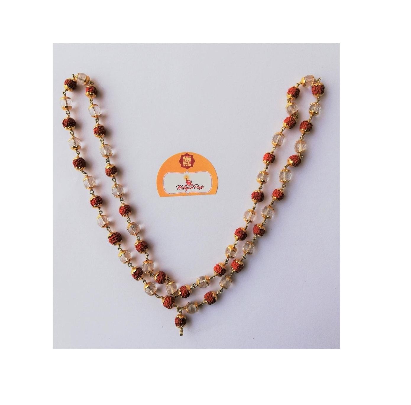 Цепочка из Рудракши и Кварца (54 шарика), Rudraksha Sphatik Mala Chain, Kalyan Puja