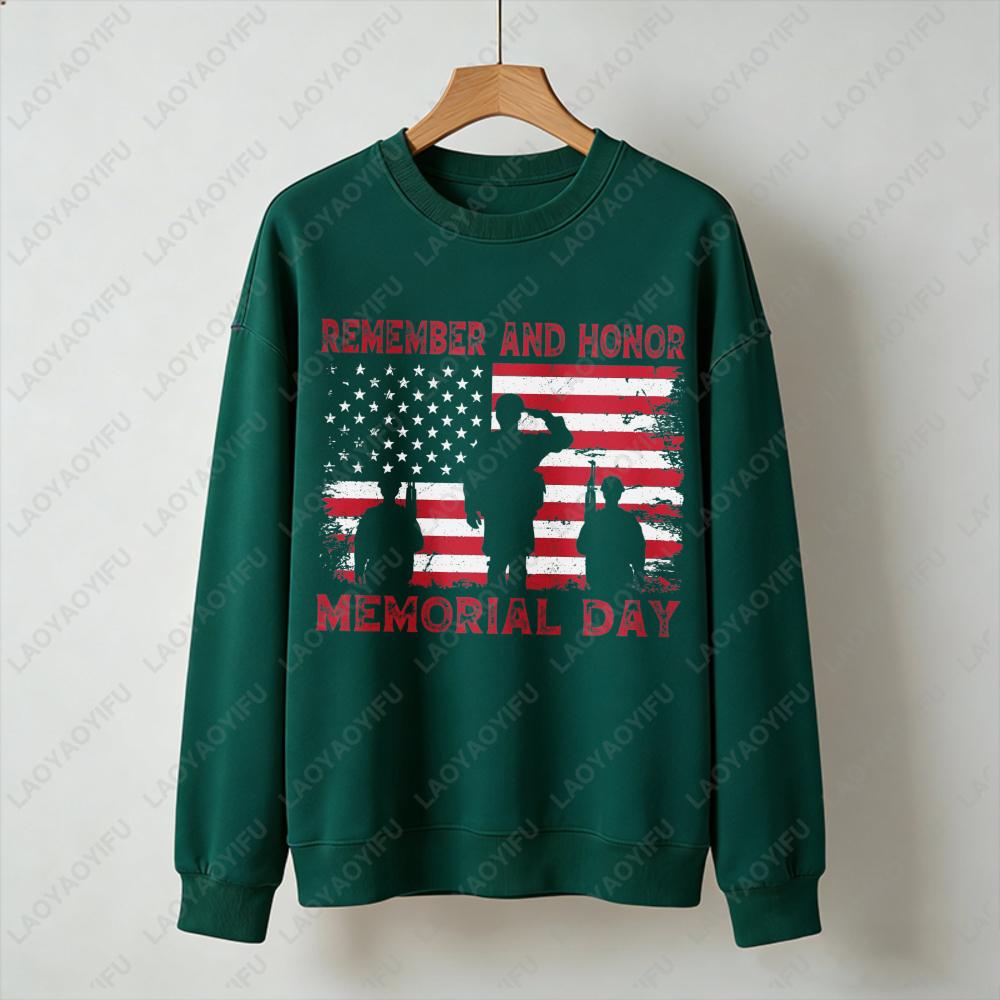 Remember and Honor Memorial Day Sweatshirt Men Women Crewneck Long Sleeve Pullover Patriotic Military Veteran Flag Gift Tops