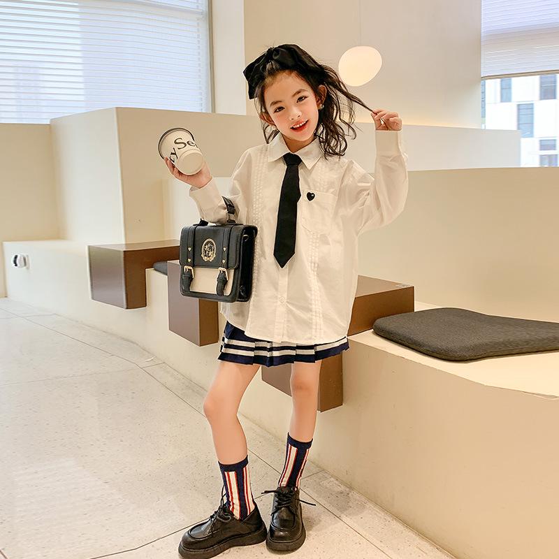 Spring Girls' Academy Long Sleeve Lapel Shirt - Korean Style for Medium and Large Girls
