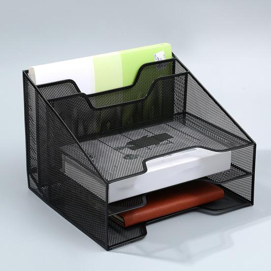 Letter Tray Organizer Desk Mesh File Organizer with 3 Paper Tray And 2 Vertical Upright Section Metal File Folder Sorter for Office Supplies