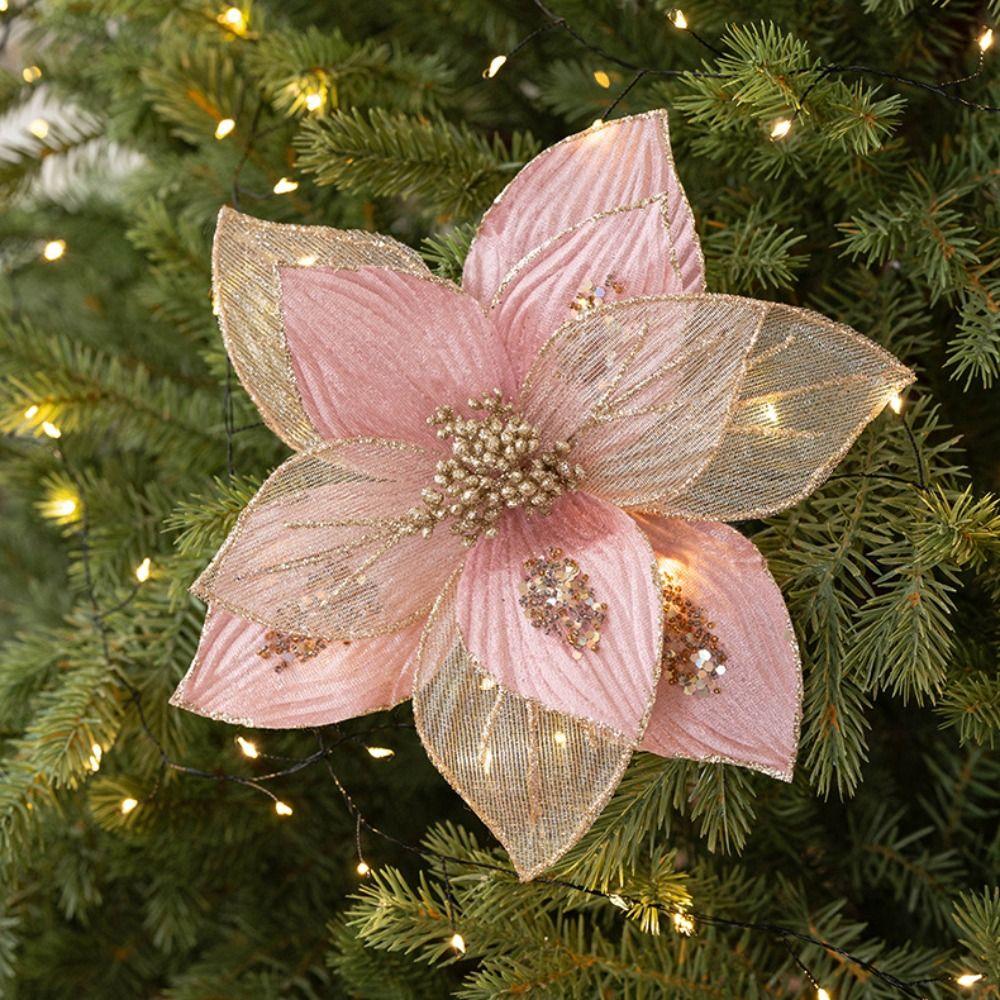 Fabric Plastic Christmas Artificial Flowers 25CM Glitter Fake Flower  Christmas Decor