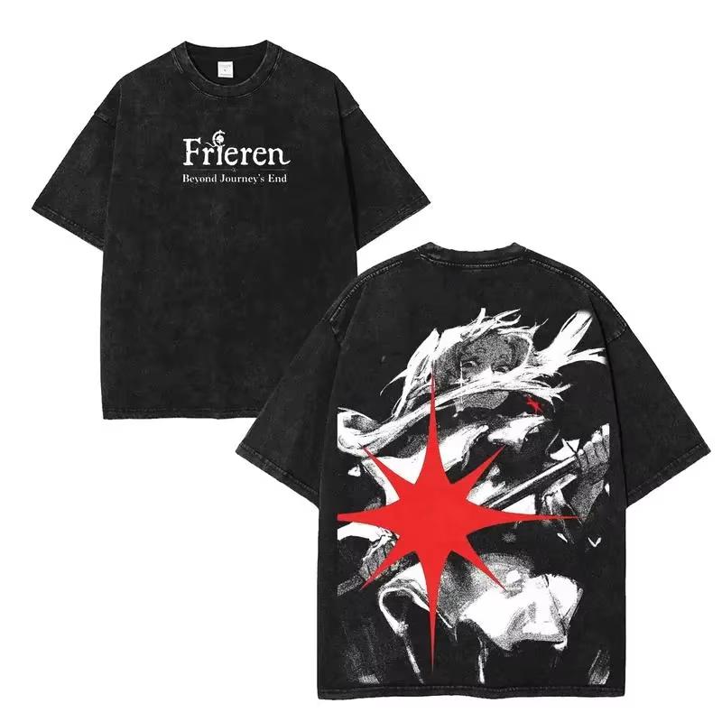 Gothic Washed Frieren Beyond Journey's End Printed T‑Shirt Anime Manga Retro Graphic Oversized Short Sleeve Casual Streetwear Cotton Tee For Men Women