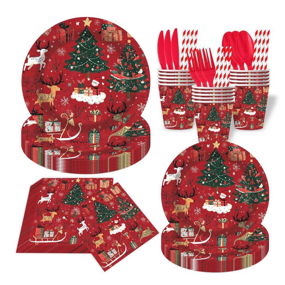 Color Printed Christmas Disposable Tableware Reindeer Design Party Dinnerware Set Venue Decoration