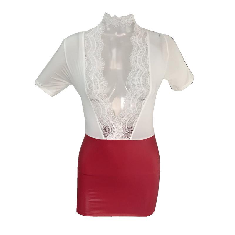 Sexy Deep V-neck Tight Pencil Dress Ice Silk See Through Micro Mini Dress PU Patchwork Bodycon MINI Dress Lace Hollow Stage Wear