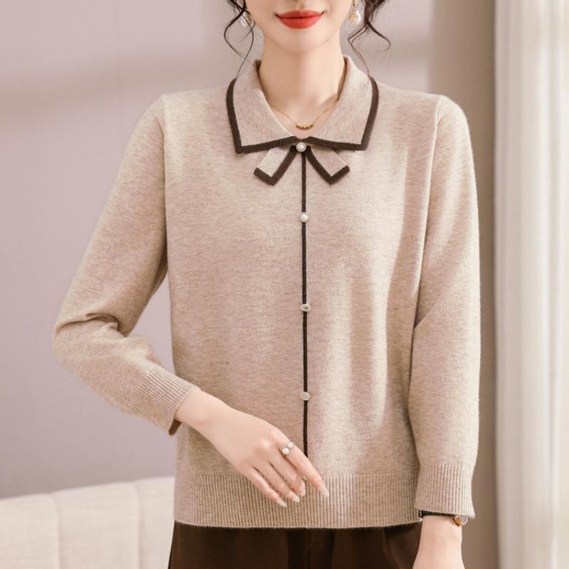 Mom's autumn shirt new early autumn lapel sweater spring and autumn long-sleeved knitted bottoming shirt women's top
