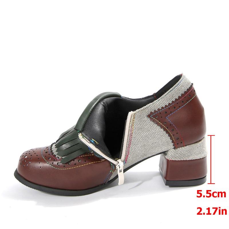 Spring and Autumn Ladies Wind Bullock Contrasting Tassel Side Zipper Women's Shoes Belt Buckle Middle Heel Single Shoes