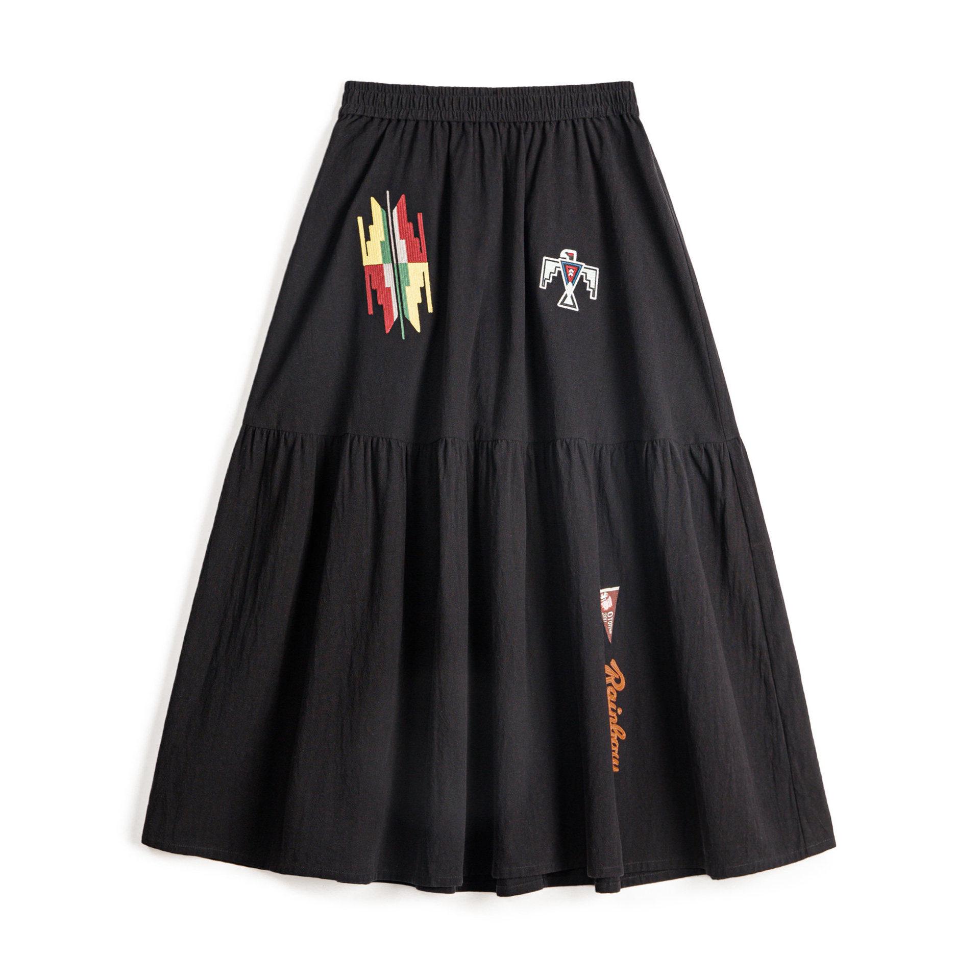 Maden Black Retro Elastic Waist Floral Embroidered A-line Midi Skirt for Women Extra Large чёрный
