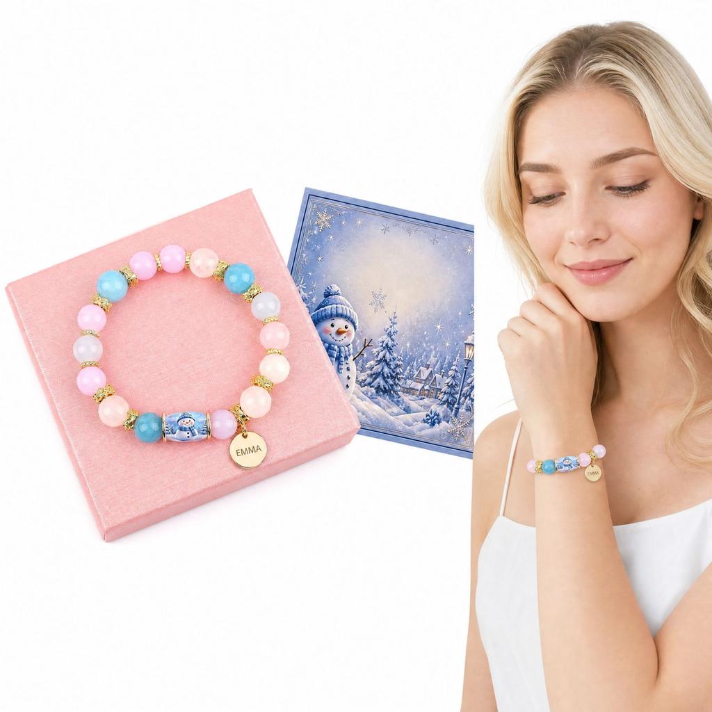 Personalized Custom Engraved Christmas Theme Bracelet with and Natural, Holiday Jewelry Gift