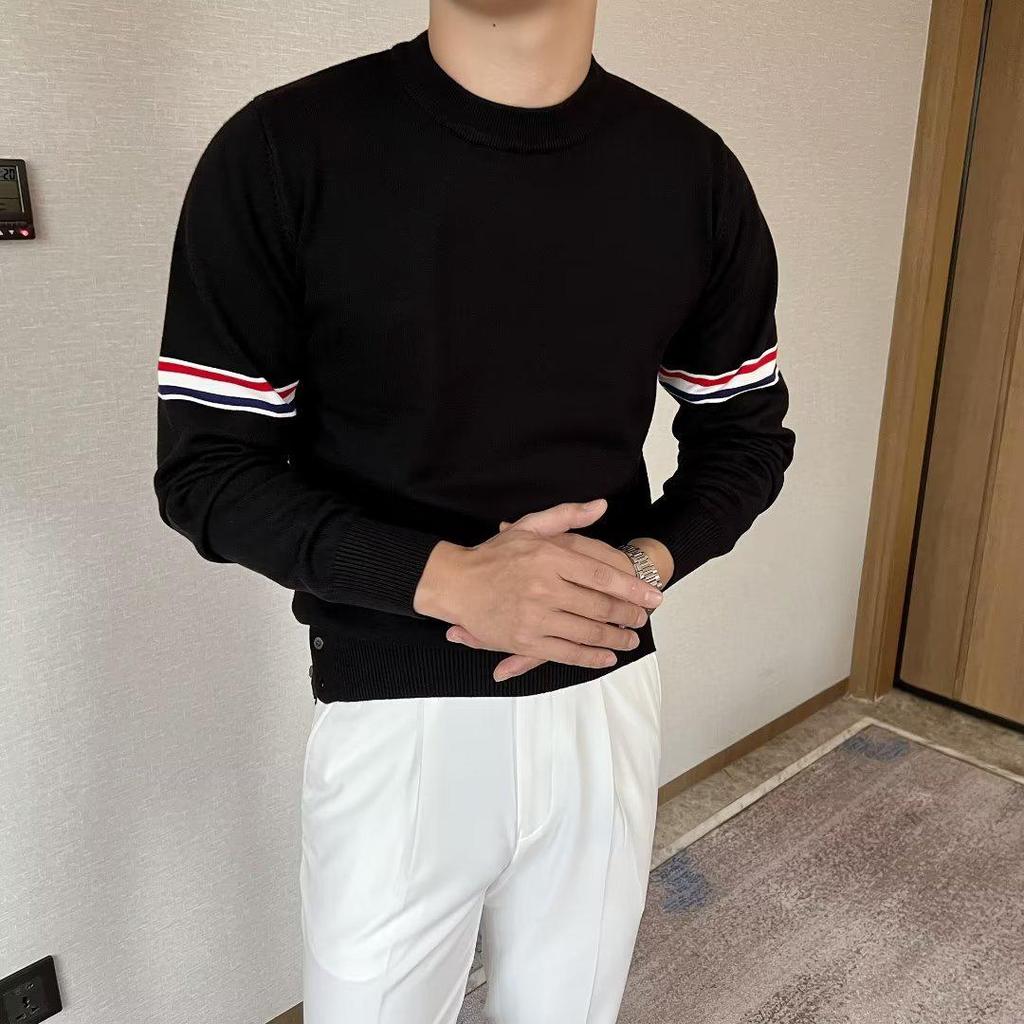 Unisex Striped Contrast Color Pullover Sweater – Round Neck Knit for Spring & Autumn