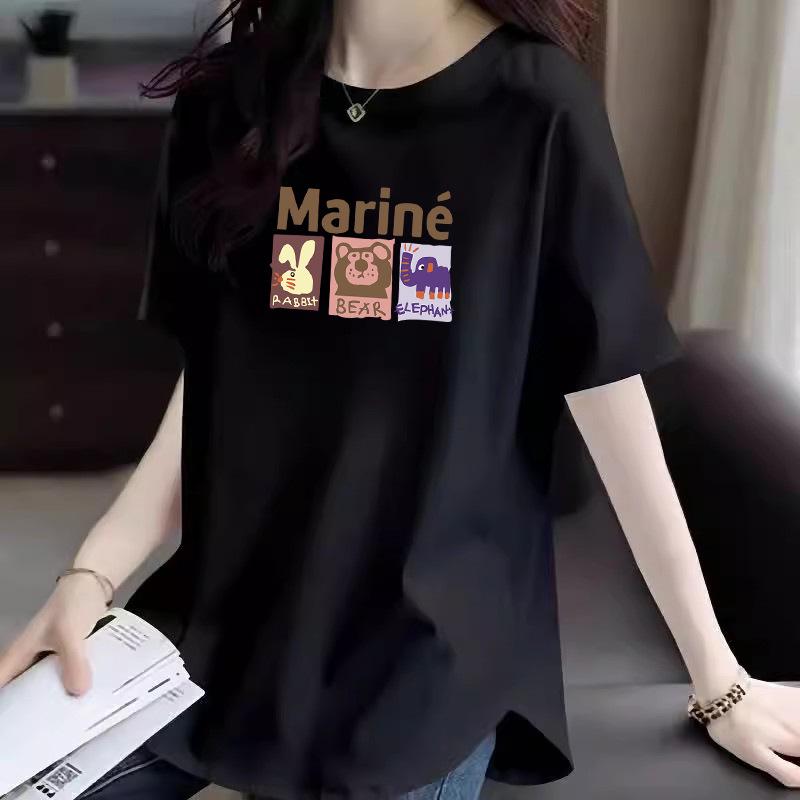 2025 Summer Women's Korean Style Loose White Cartoon Print Cotton T-Shirt