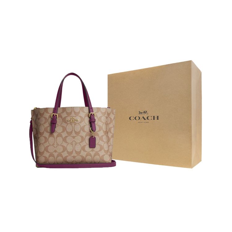 Coach Mollie Zipper Closure Coated Canvas And Leather Tote Bag Women Tote Khaki Boysenberry C4250-IMRSF