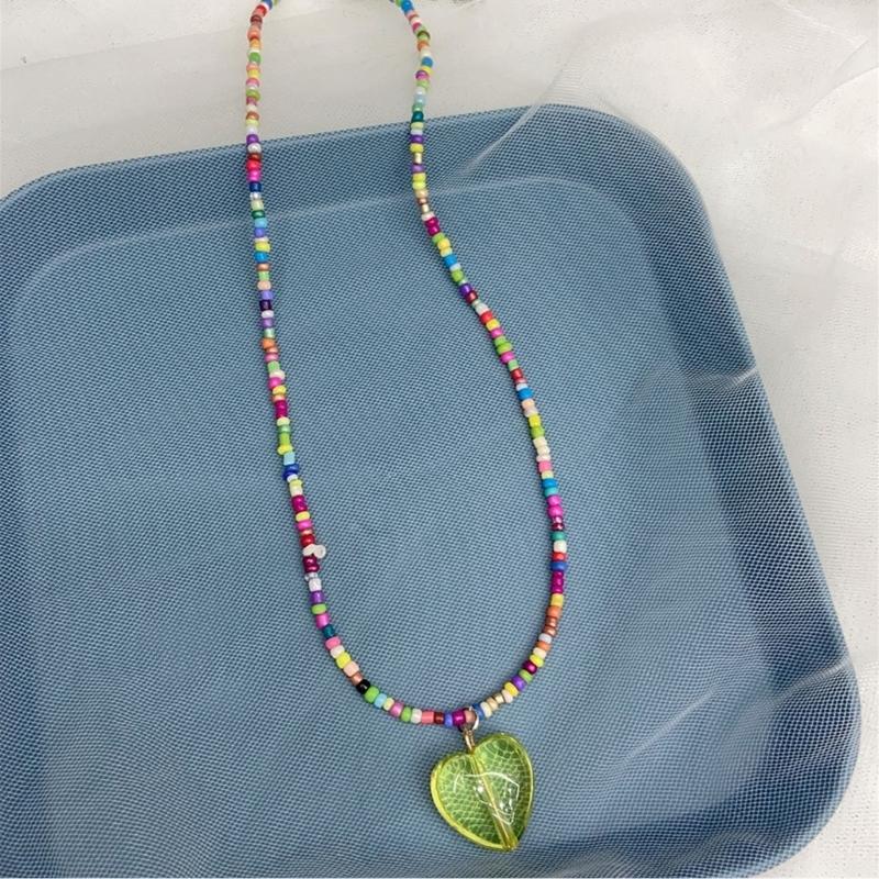 Korean Multicolored Bear Pendant Necklace Bohemia Love-heart Ornament Collar Chain Rice Beaded Choker Chain for Girls