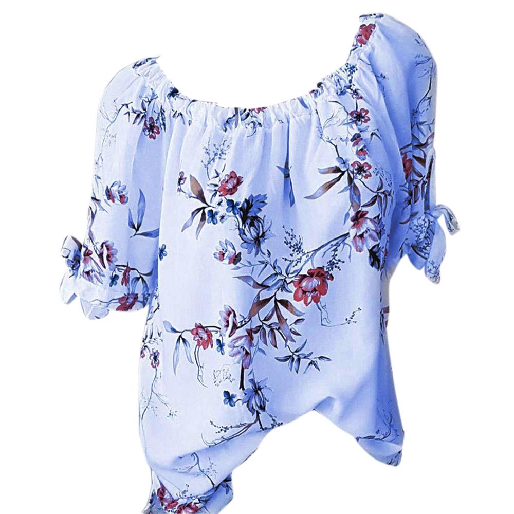 

Женская блузка с открытыми плечами и половиной рукава большого размера с цветочным принтом, пуловер, рубашка синий