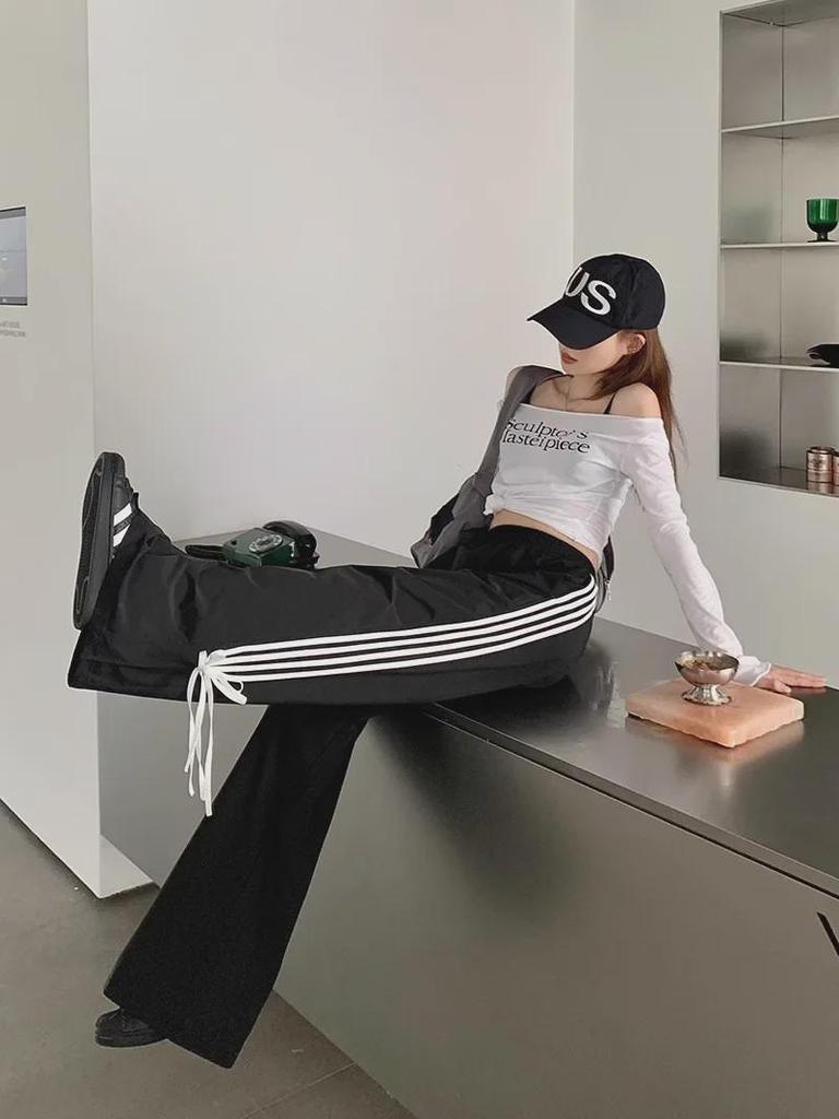 Women's Black Wide-Leg Sports Pants with Bow Design - Early Spring Casual, Loose Fit