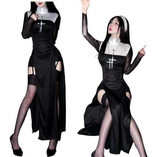 JUNDOMECY Sister cosplay sexy nun saint habit Halloween costume adult ladies cute long sleeve slit plus size outfit cross one-piece veil stockings