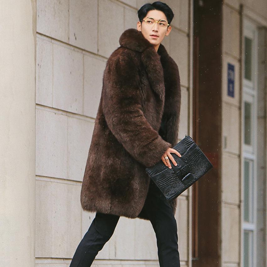 

Men s imitation fur coat imitation fox fur coat medium and long, men s fur trench coat European and American large size fashion warm 6XL коричневий