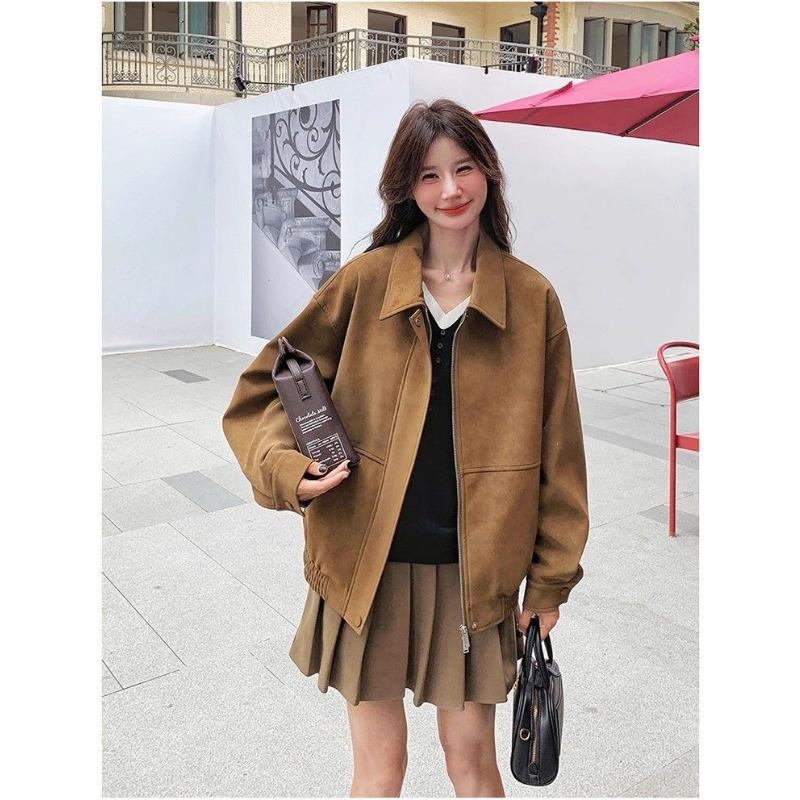 Women S Vintage Suede Jacket Loose Fit Lapel Casual Moto Coat
