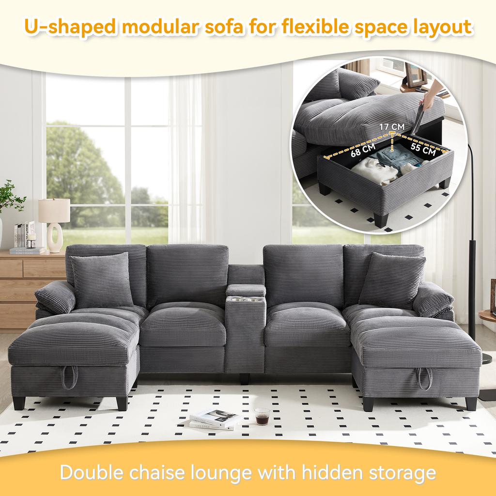 4-Seater Sofa in U-Shape with Storage, Corduroy Fabric, Stainless Steel Drink Holders and Two USB Ports, for Living Room, Bedroom and Apartments