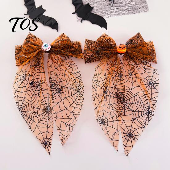 Spring Clip Hair Accessory Halloween Spider Web Bow Clip, Pumpkin Eyeball Tulle with Long Tails, Women Accessories for Holiday Party