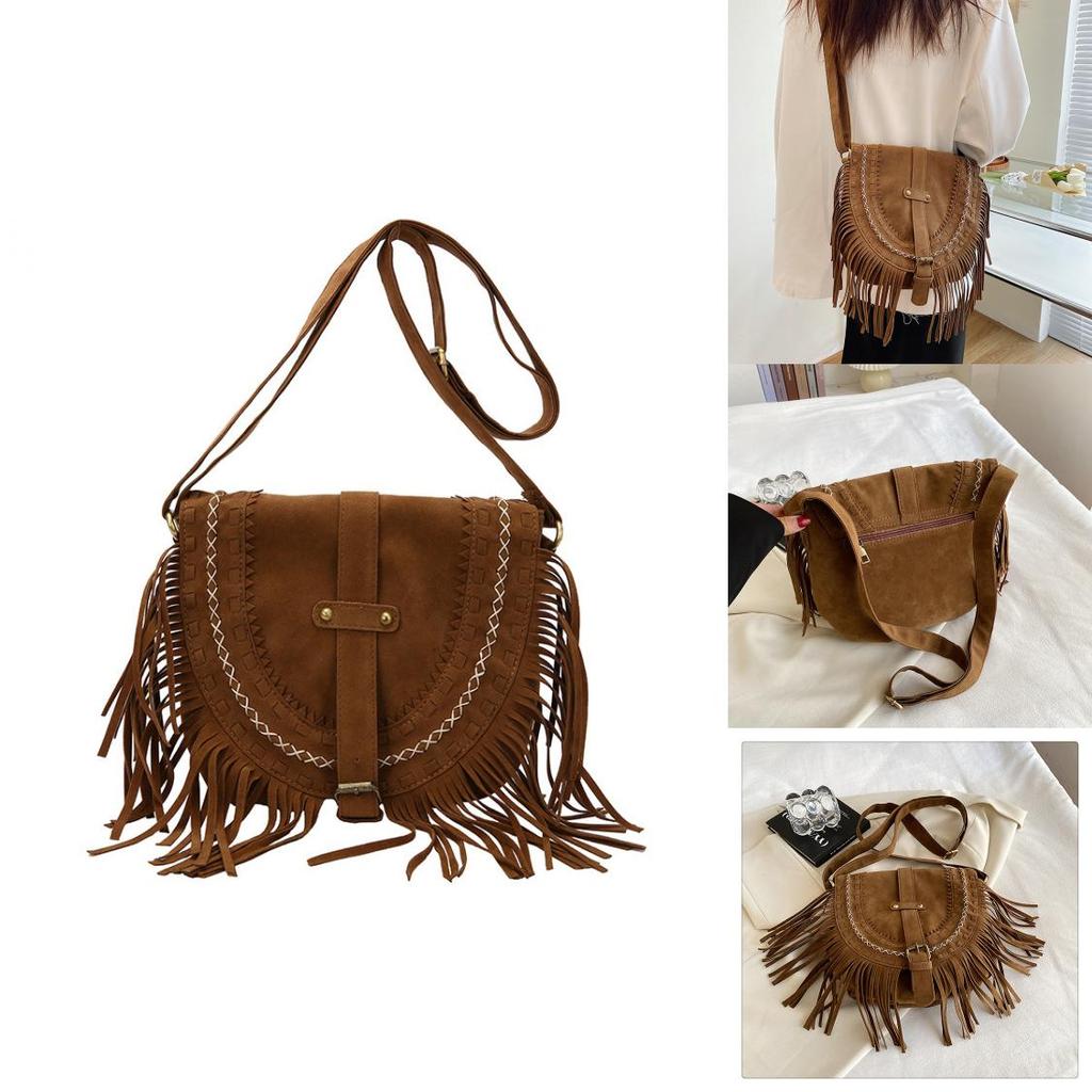 Pu Suede Fringed Saddle Bag With Zipper Closure For Daily Use And Bohemian Style