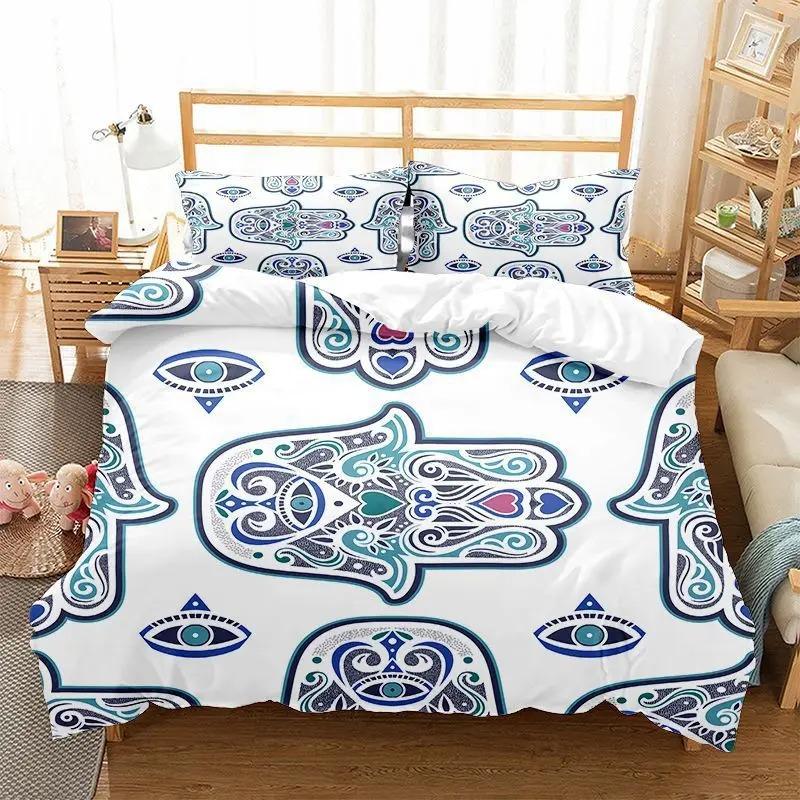 Hamsa Hand Bettbezug King Queen Boho Schwarz Gold Glückshand Fatima Bettwäsche Set Hippie Paisley Tribal Polyester Steppdeckenbezug
