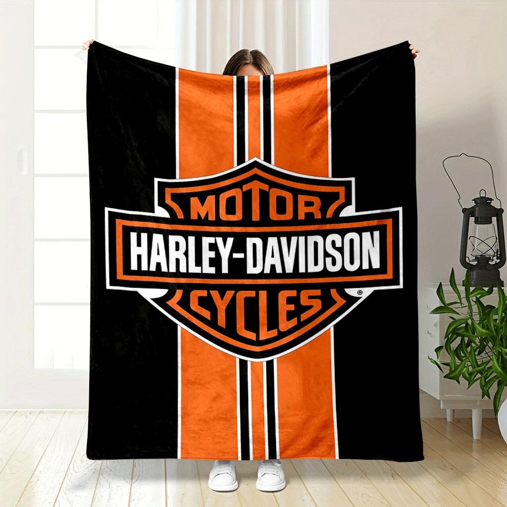 Bold Orange Vertical Stripes with a Harley-Davidson Logo On a Black Background. for All Seasons Blanket Lunch Break Throw Gift