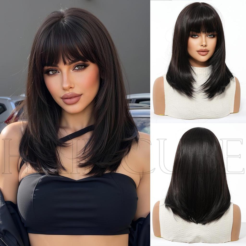 European Style Brown Medium Long Wig with Full Bangs for Women - High-Temperature Fiber