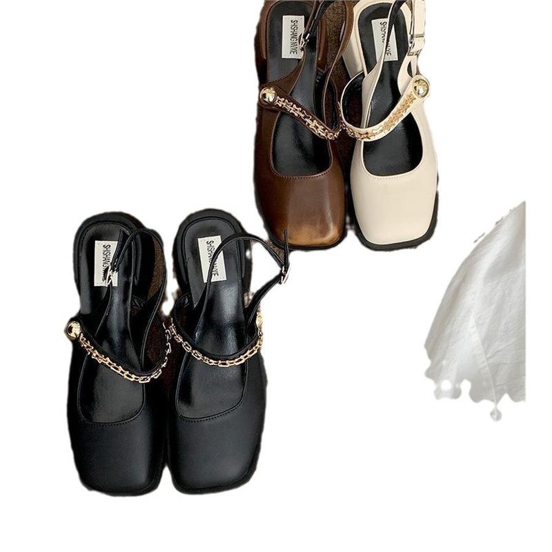 Temperament Coarse Heel Mary Jane Shoes 2024 New Summer Shallow Mouth Single Shoes Back Empty One-word Buckle Strap Square Head High Heels