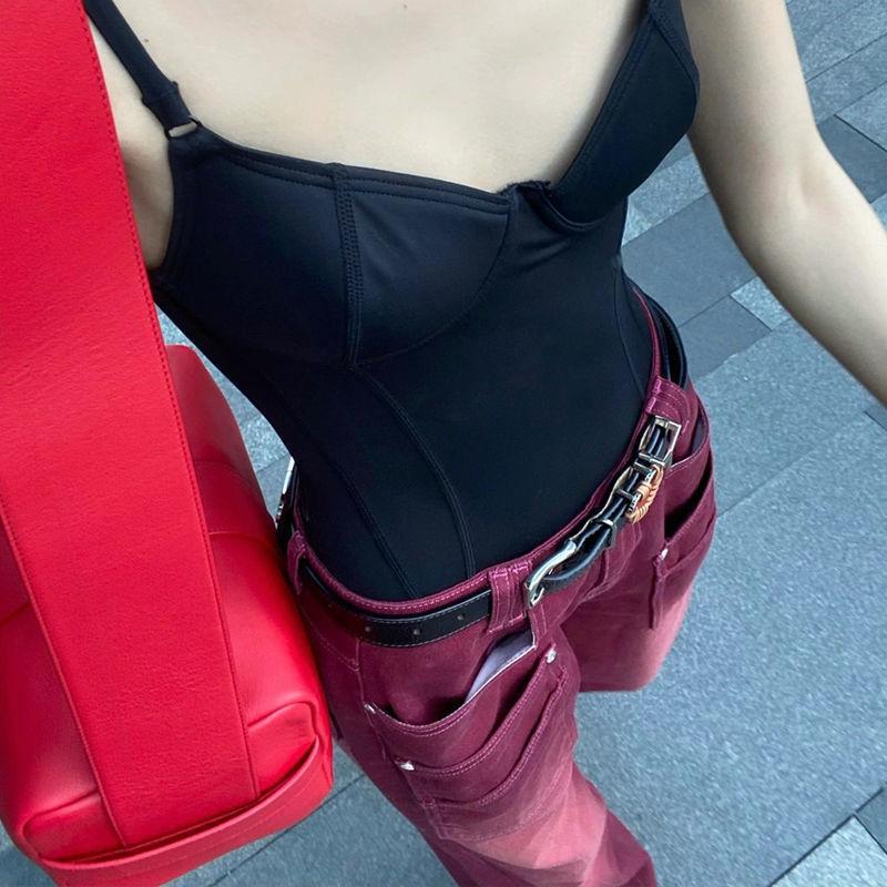 MINGLIUSILI Red Jeans 2022 Fall New  Vintage Red Wash Distressed Straight Leg Jeans Versatile Loose Trousers