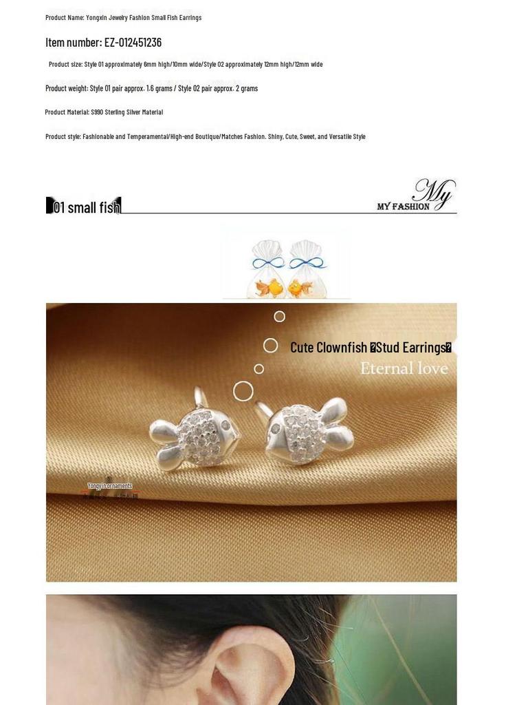 Clownfish Design 999 Pure Silver & Zirconia Hook Earrings for Women - Breathable, Anti-Allergenic, and Comfortable.