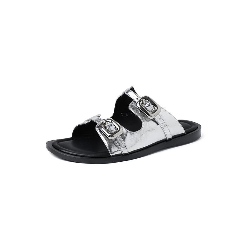 Fashion Women's new leather cowhide round toe summer exposed toe metal belt buckle comfortable low heel fashion slippers