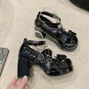 Comemore Bowknot Cute Mary Jane Shoes for Women Platform High Heeled Cross Strap Pumps Belt Buckle Lolita Shoes