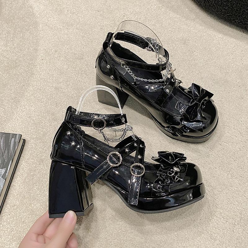 Comemore Bowknot Cute Mary Jane Shoes for Women Platform High Heeled Cross Strap Pumps Belt Buckle Lolita Shoes
