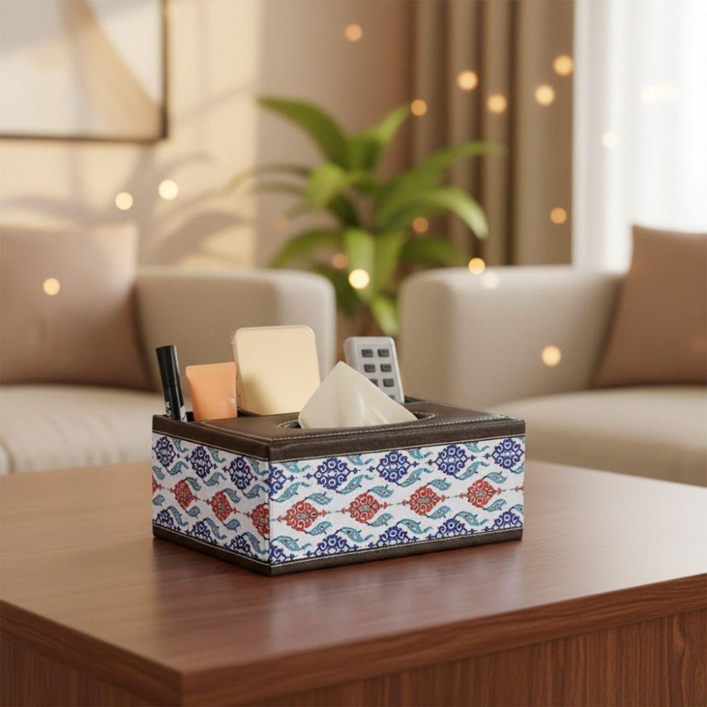 Artificial Leather Multi-functional Tissue Box Anti-moisture 4 Grid Tissue Storage Box Rectangular Tissue Paper Dispenser