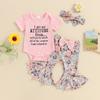 Baby Girls Summer 3PCS Sets Short Sleeve Romper Tops Floral Print Flared Pants Headband Sets