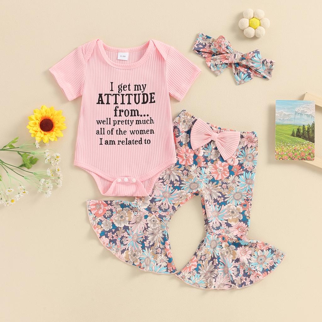 Baby Girls Summer 3PCS Sets Short Sleeve Romper Tops Floral Print Flared Pants Headband Sets