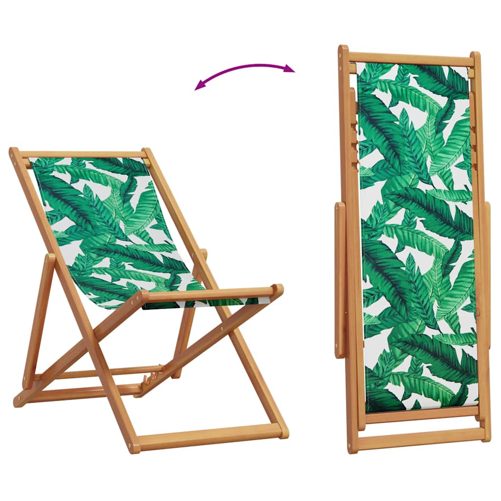 Folding Beach Chair with Leaf Pattern Solid Eucalyptus Wood Frame and Fabric