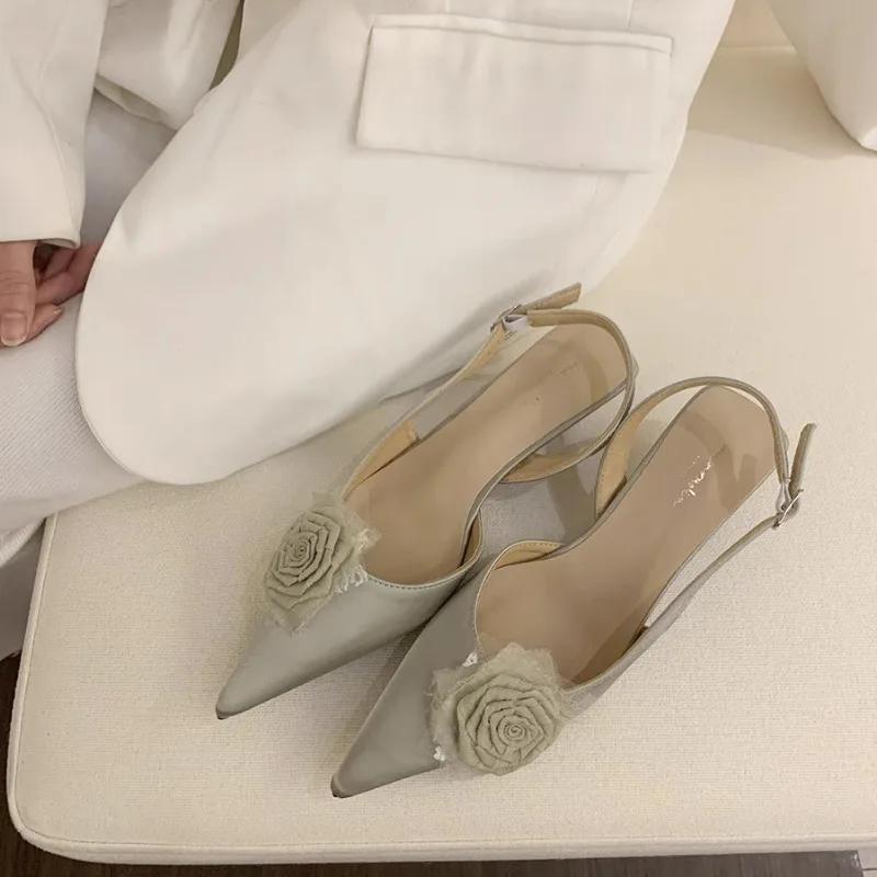 Elegant Woman Sandals High Heeled Sweet Rose Closed Toe Footwear Summer Slingback Pointed Fashion Dress Ladies Shoes