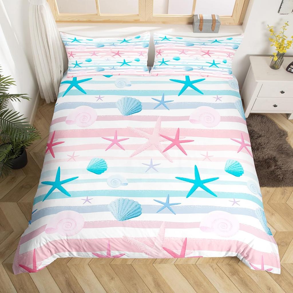 Ocean Coastal Bedding Duvet Cover Set Queen Size  Set Conch Seahorse Starfish Coral 3 Pcs For Kids Girls Boys Woman Room Decor