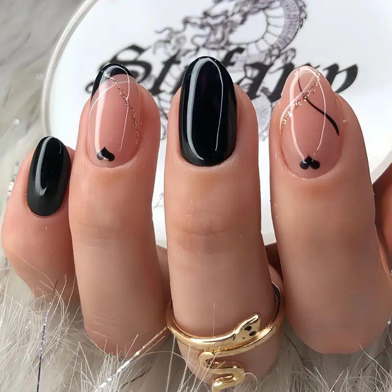 

Европейский и американский День святого Валентина Арт для ногтей Простой Модный Высокая Полоска Блеск Черный Сердце Овальный Накладные Ногти Free jelly glue + rubbing strips