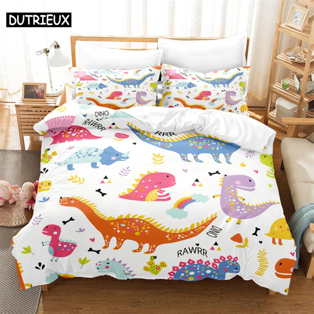 3D Digital Printing Fashion Design Cartoon Dinosaur Bedding Set, Queen Size Duvet Cover Set